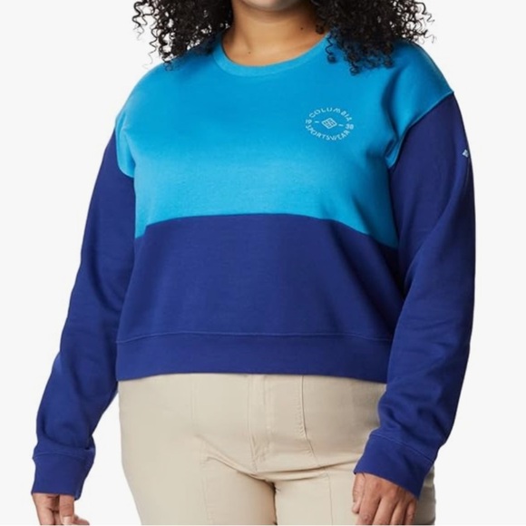 Columbia Women 2X Blue Fleece Logo Outdoor Trek Colorblock Crew Sweatshirt - Picture 1 of 12